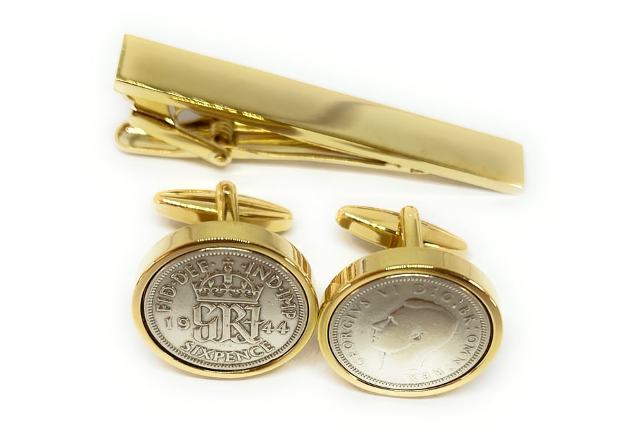 Luxury 1944 Sixpence Cufflinks for a 80th birthday. Mens 80th Gift Idea Tie clip