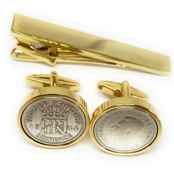 Luxury 1944 Sixpence Cufflinks for a 80th birthday. Mens 80th Gift Idea Tie clip