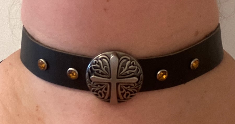 Black leather choker with Decorative Cross and 4 Orange Gemstones 16" - 17.25"