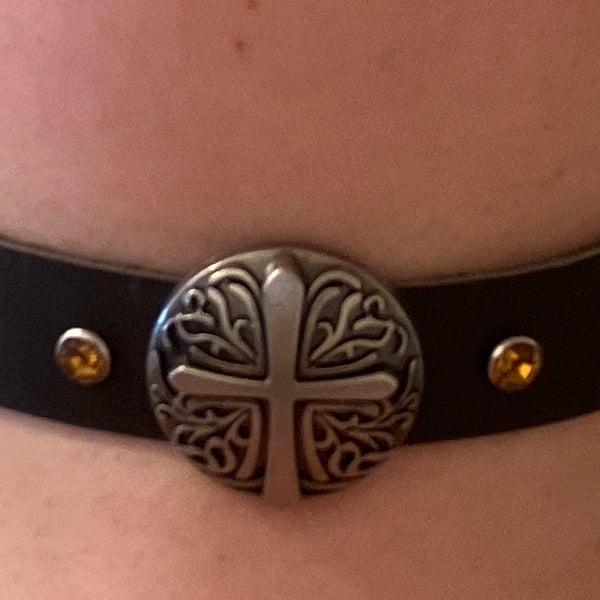Black leather choker with Decorative Cross and 4 Orange Gemstones 16" - 17.25"