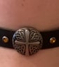 Black leather choker with Decorative Cross and 4 Orange Gemstones 16" - 17.25"