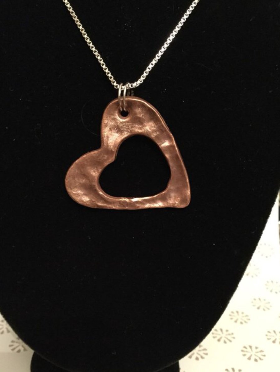 Large textured open Heart pendant hand formed solid copper & 925 Silver Chain 