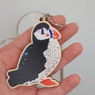 Wooden puffin keyring