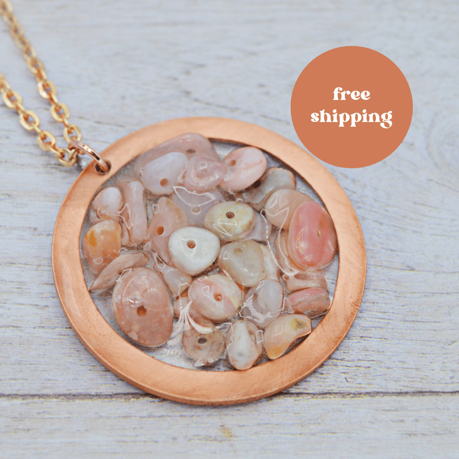 Pink Peruvian Opal & Copper Geode Necklace - Free Postage