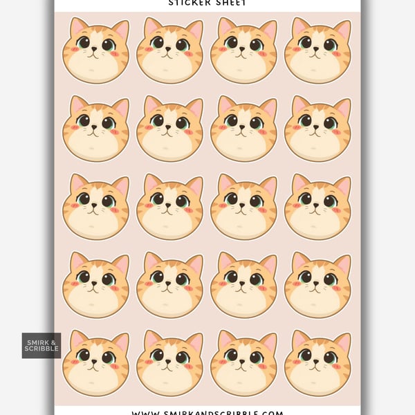 Funny Vinyl Sticker Sheet For Adults - Cute Cat Face