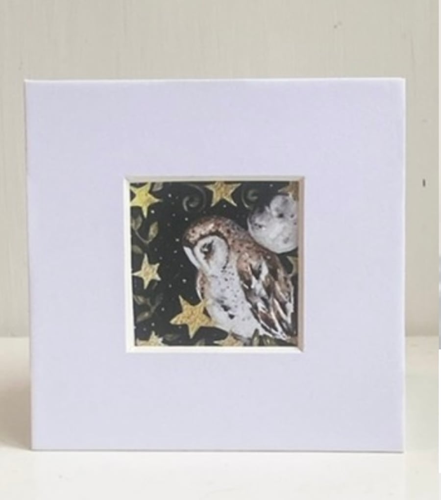 Mounted ACEO Nocturnal Whimsical Owl with Stars Watercolour Edition 