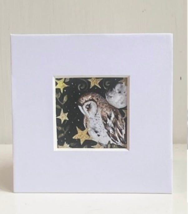 Mounted ACEO Nocturnal Whimsical Owl with Stars Watercolour Edition 