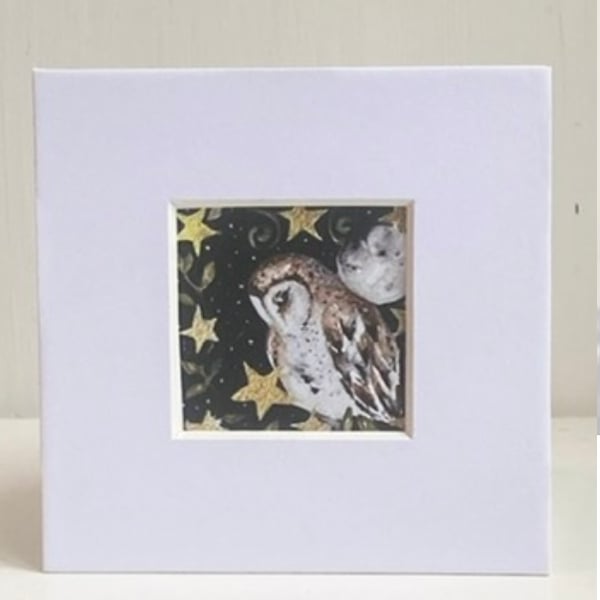 Mounted ACEO Nocturnal Whimsical Owl with Stars Watercolour Edition 