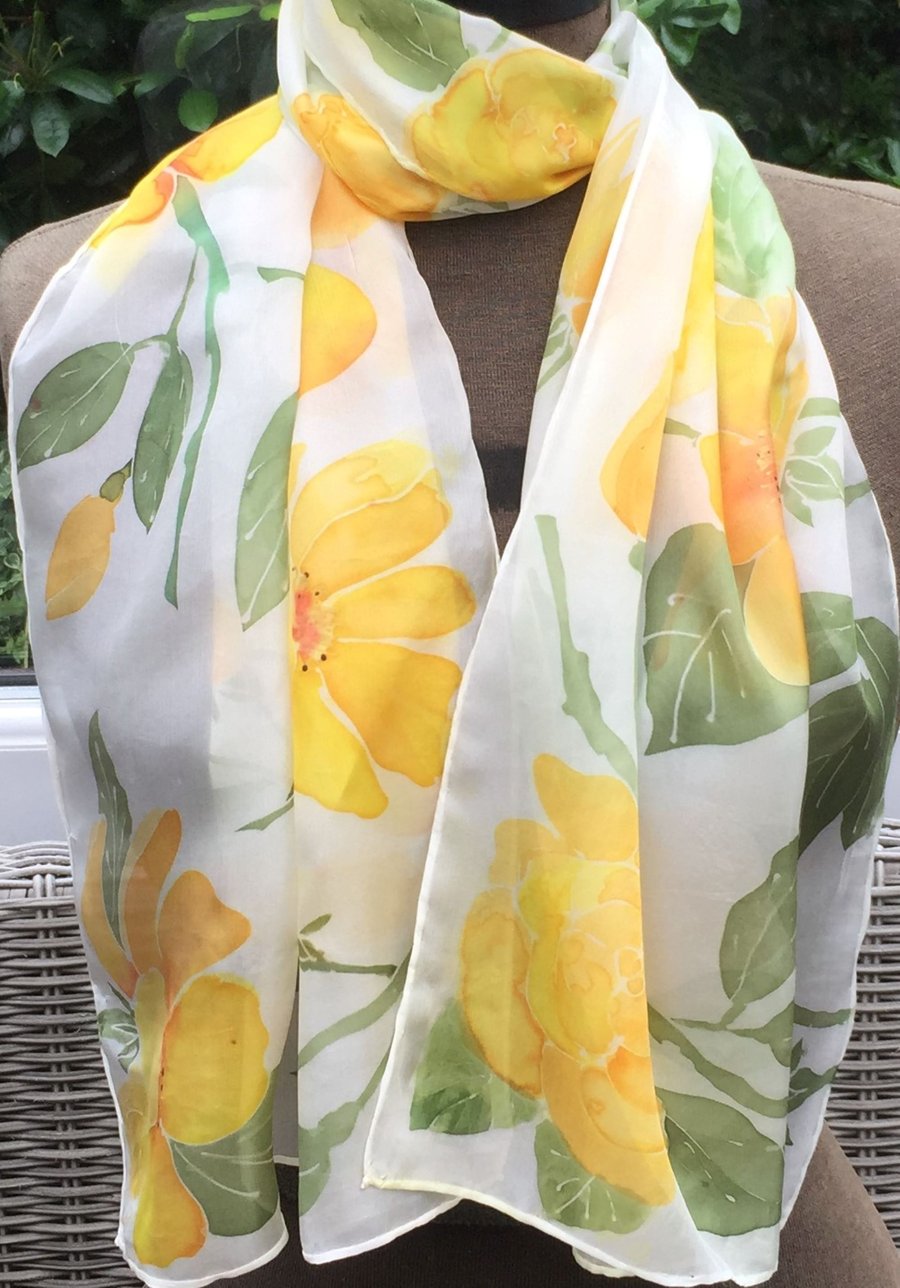 Yellow Roses  hand painted silk scarf. Floral silk scarf