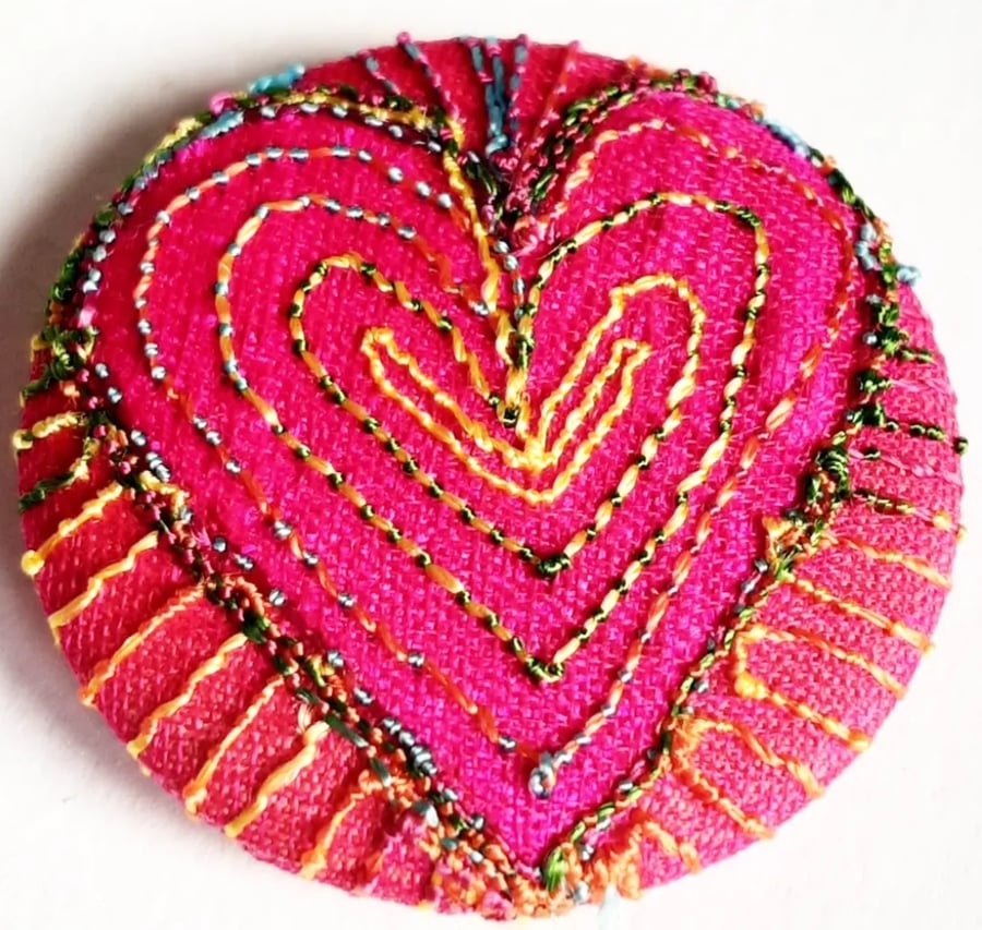 One Inch Button Heart Fabric Button with Free Machine Embroidery 