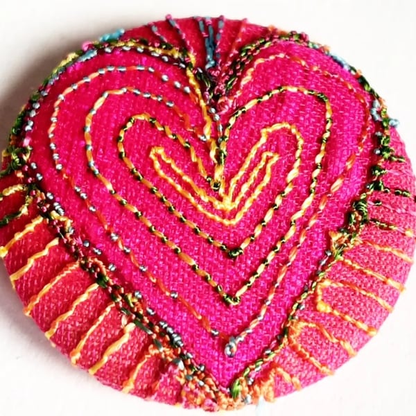 One Inch Button Heart Fabric Button with Free Machine Embroidery 