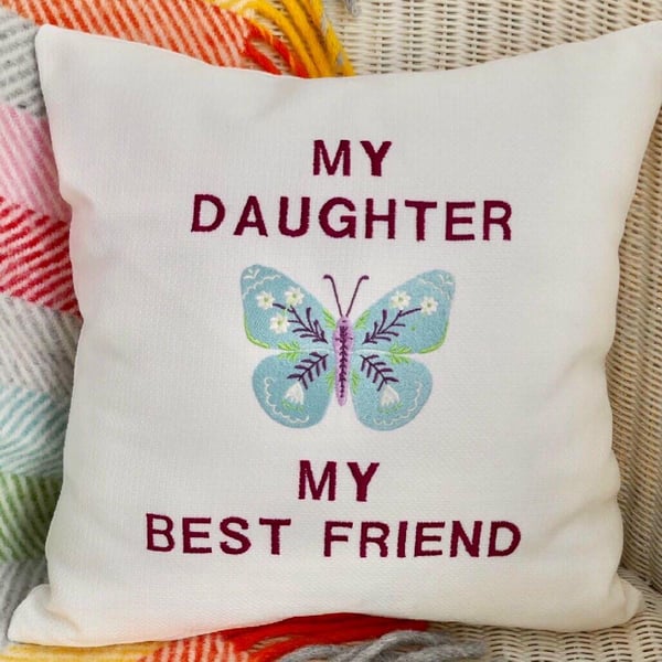 Daughter & Butterfly: Embroidered Cushion 33cm (13”)