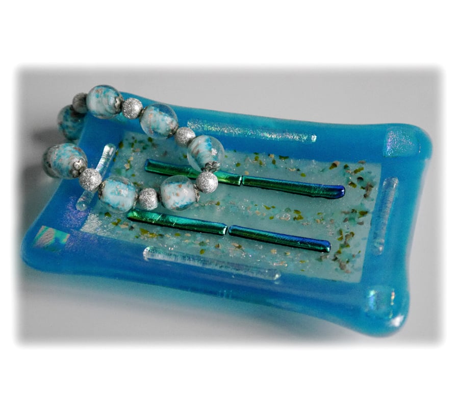 Soap Dish Fused Glass Turquoise dichroic bordered