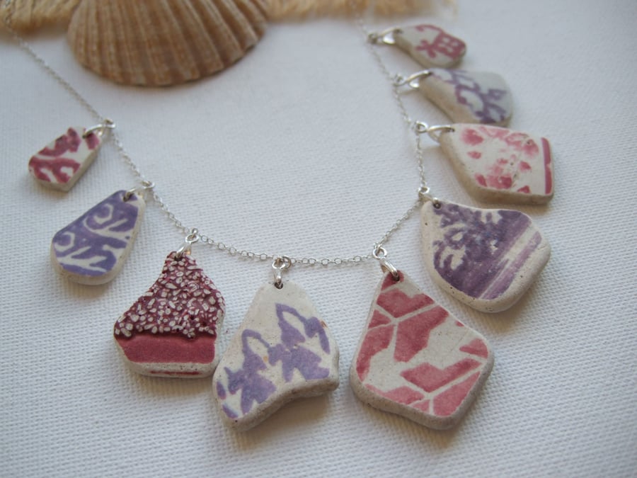 Scottish sea pottery necklace, purple red beach pottery jewelry, 18" sterling