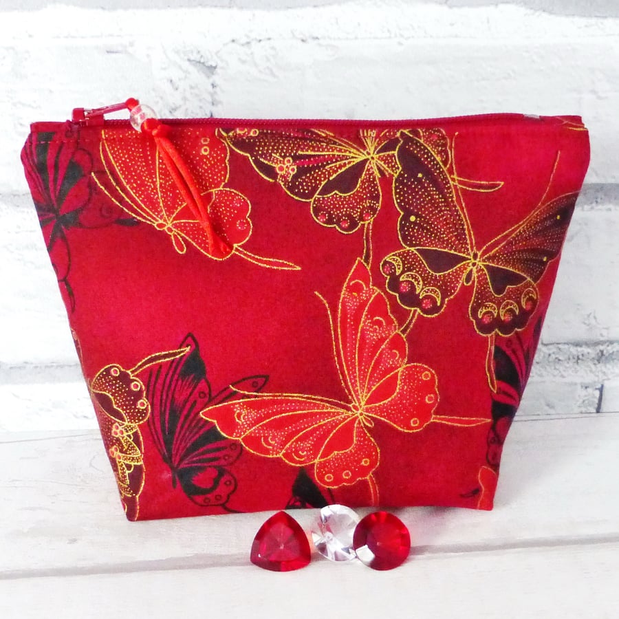 Butterfly make up bag, zipped pouch, cosmetic bag,  medium size.