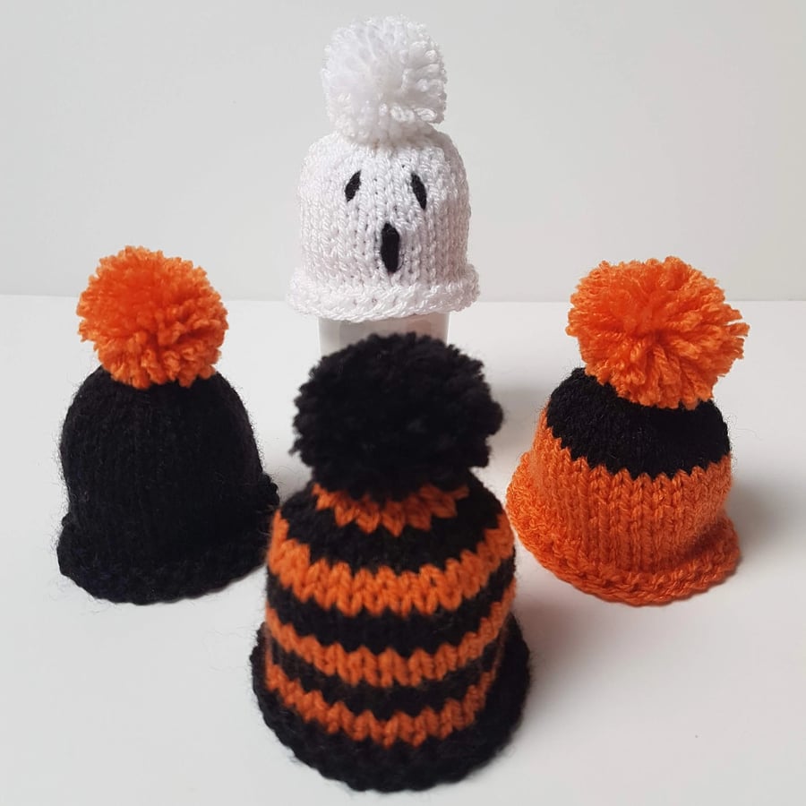 Cute Halloween Multi-Coloured Hand-Knitted Egg Cosies with Pom Pom Set of 4