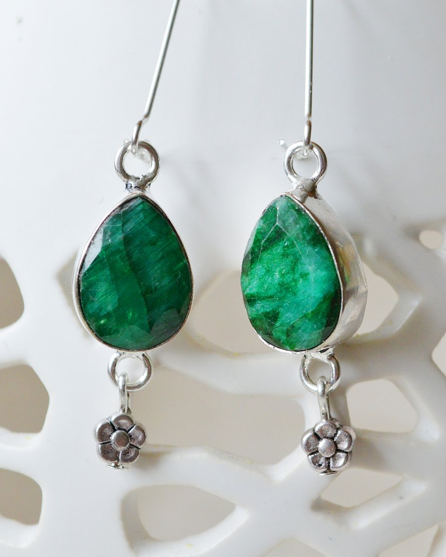 Raw Emerald Teardrop and Silver Flower Earrings