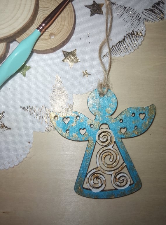 Blue and gold angel hanging Christmas tree decoration 