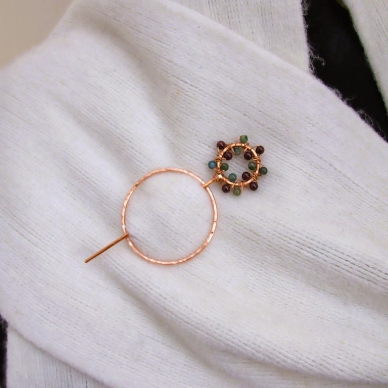 Copper Shawl Pin - Festive Wreath with Garnet & Agate