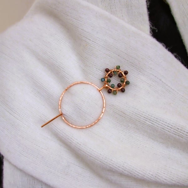 Copper Shawl Pin - Festive Wreath with Garnet & Agate