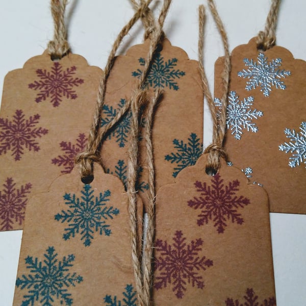 Set of 3 Christmas Tags, Hand Printed, Snow Flakes, Winter Scene, Wrap, Gift tag