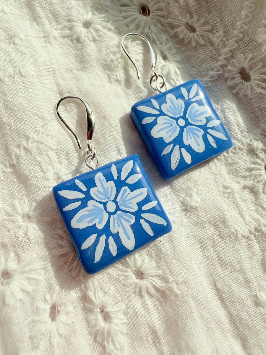 Blue Floral Tile Earrings – Hand Painted Polymer Clay Earrings
