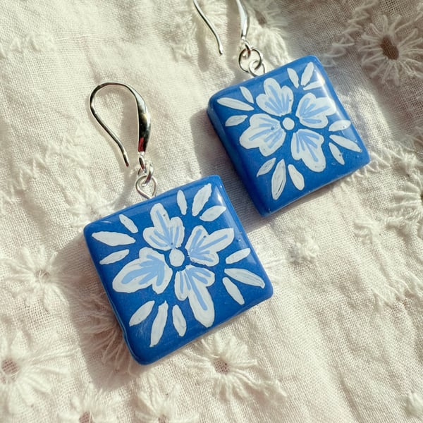 Blue Floral Tile Earrings – Hand Painted Polymer Clay Earrings