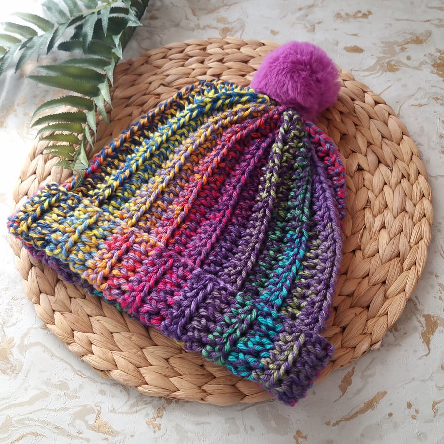 Crochet Hat Beanie Faux Fur Pompom Chunky Rainbow Yarn