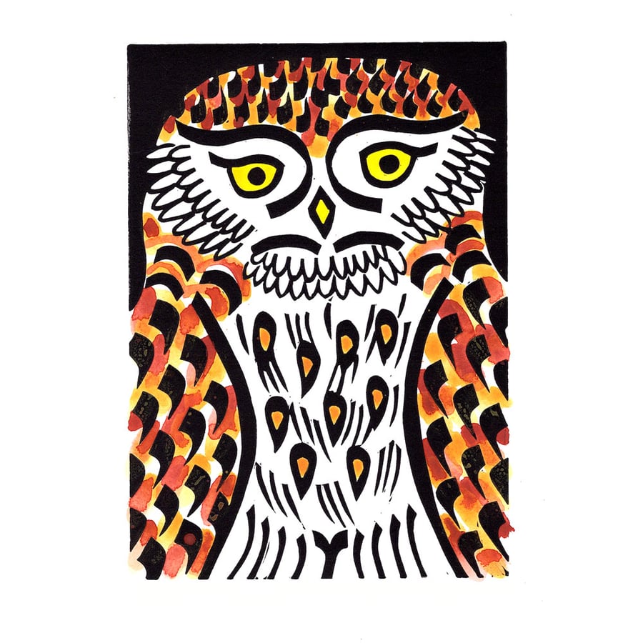 Little Owl coloured linocut 2 of 30