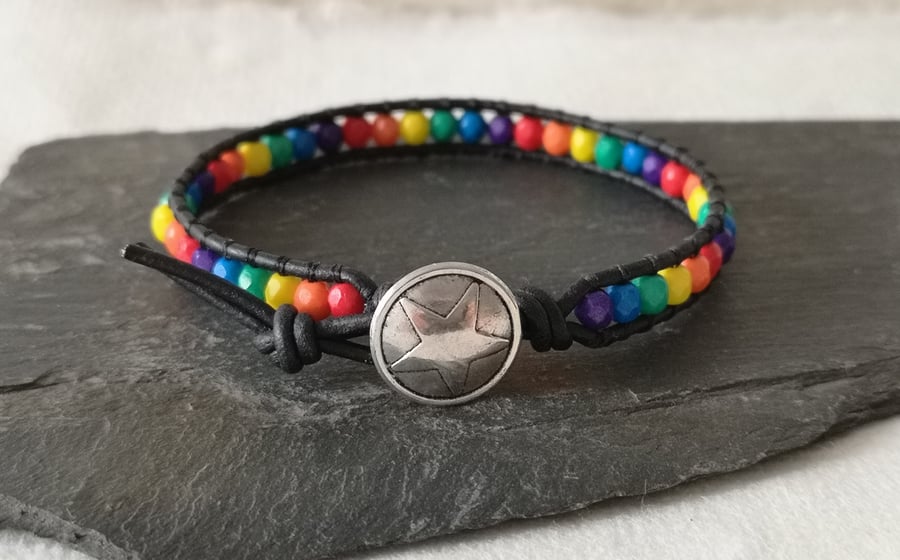 Pride colours bead and leather bracelet, LGBTQ 
