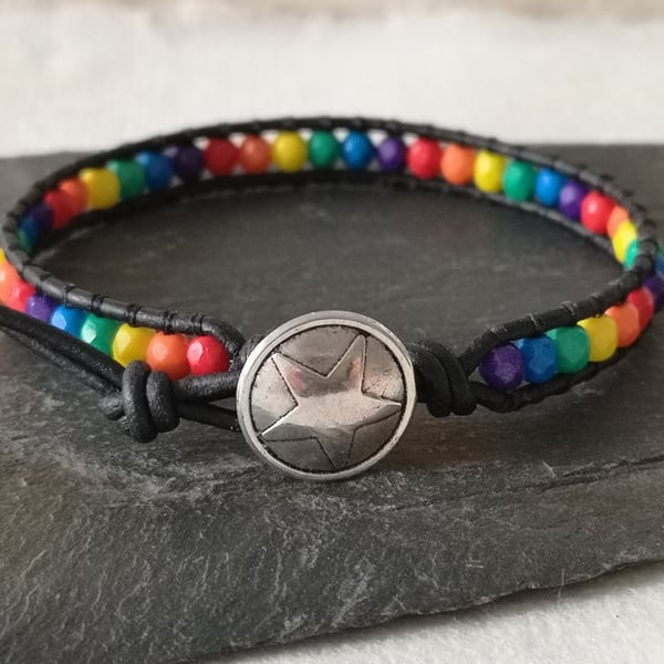 Pride colours bead and leather bracelet, LGBTQ 