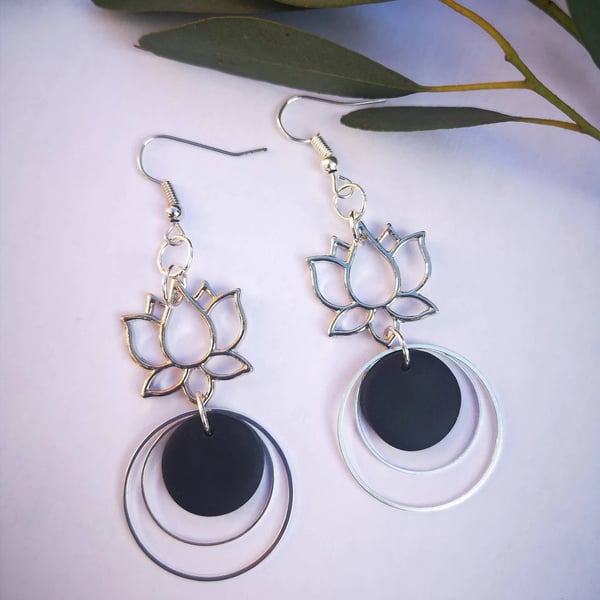 Silver & Black Lotus Polymer Clay Earrings