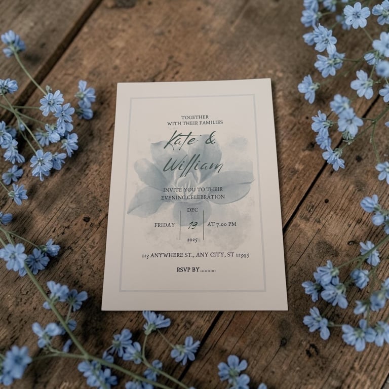 Blue Watercolour Flower Evening Wedding Invitation