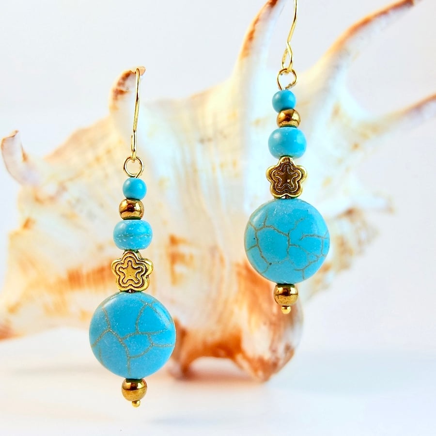 Turquoise And Gold Earrings - Handmade In Devon, Free UK Delivery.