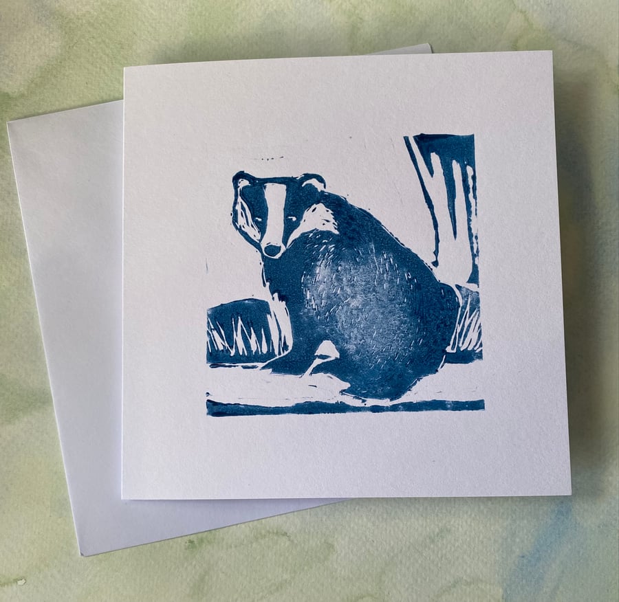 Seconds Sunday Blue Badger 2 Lino print card