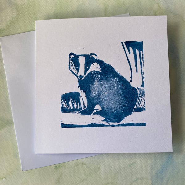 Seconds Sunday Blue Badger 2 Lino print card