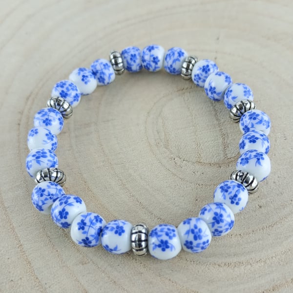 Delft Inspired Blue & White Porcelain Orchid Flower Beaded Bracelet 