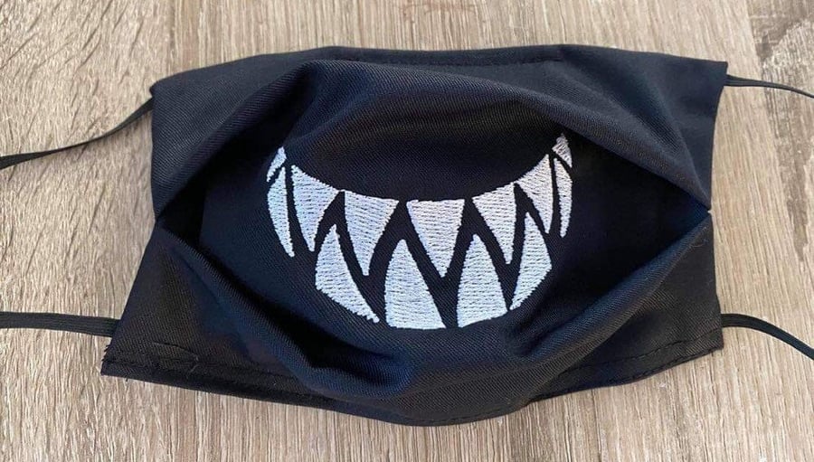 Shark teeth Embroidered Logo Face Masks. Superior Quality. Adult or child sizes.