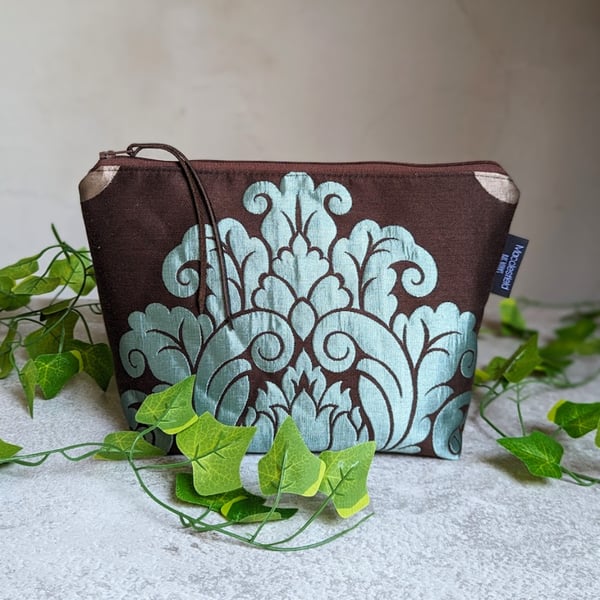 Pouch bag Turquoise and Brown Damask Make-up bag or Toiletries Bag