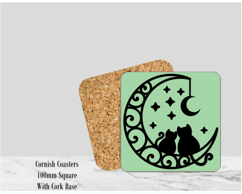 Green Silhouette Cats Coaster 4" Square With Cork Base. -  Design 2