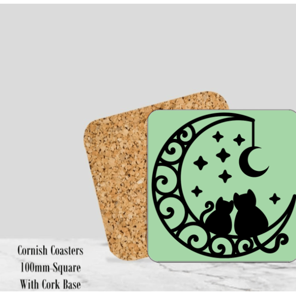 Green Silhouette Cats Coaster 4" Square With Cork Base. -  Design 2