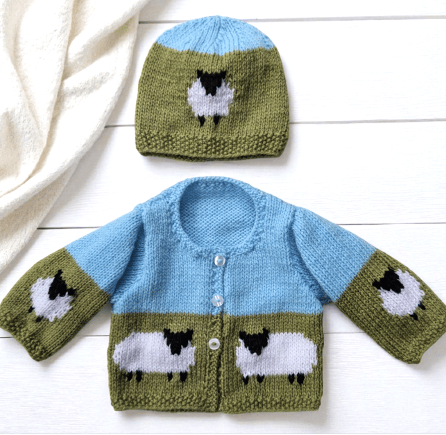 Knitting Pattern Baby Sheep and Sky Cardigan & Hat DK Unisex 0-18 Months Digital