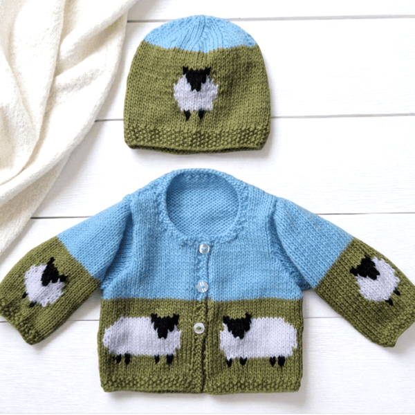 Knitting Pattern Baby Sheep and Sky Cardigan & Hat DK Unisex 0-18 Months Digital