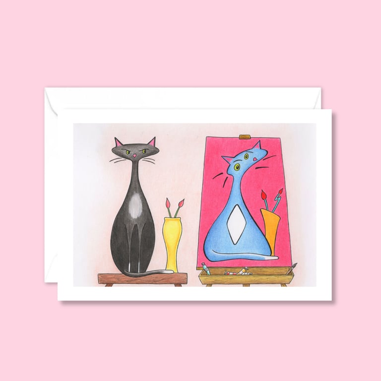  Funny Cat Greeting Card: Pencil Illustration of an Artist's Muse (114)