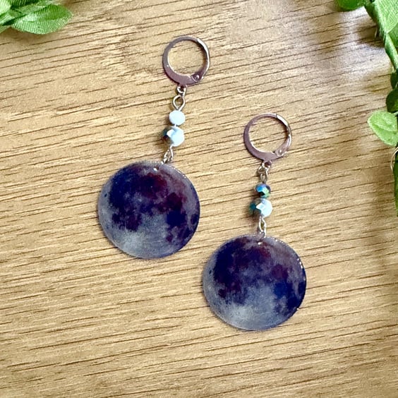 NASA Moon Image Earrings - Moody Dark Space Astronomy Dangle Huggie Hoops