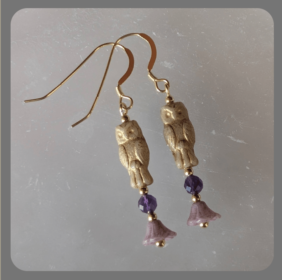 Czech Glass Owl Flower, Amethyst and Vermeil Earrings
