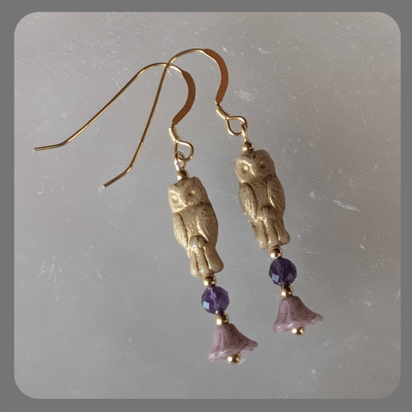 Czech Glass Owl Flower, Amethyst and Vermeil Earrings