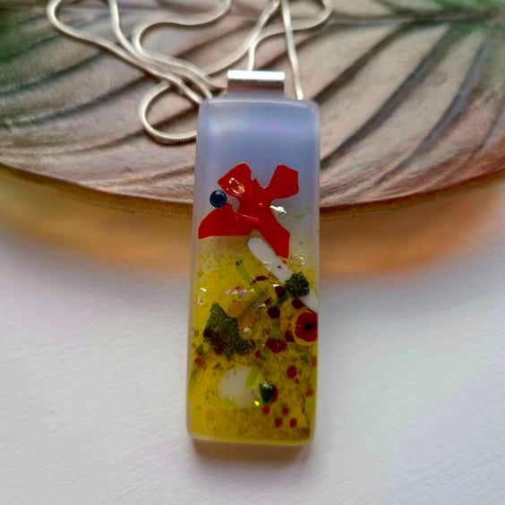 Handmade Fused Glass Pendant Necklace Poppy-field with small Red Poppy(a)