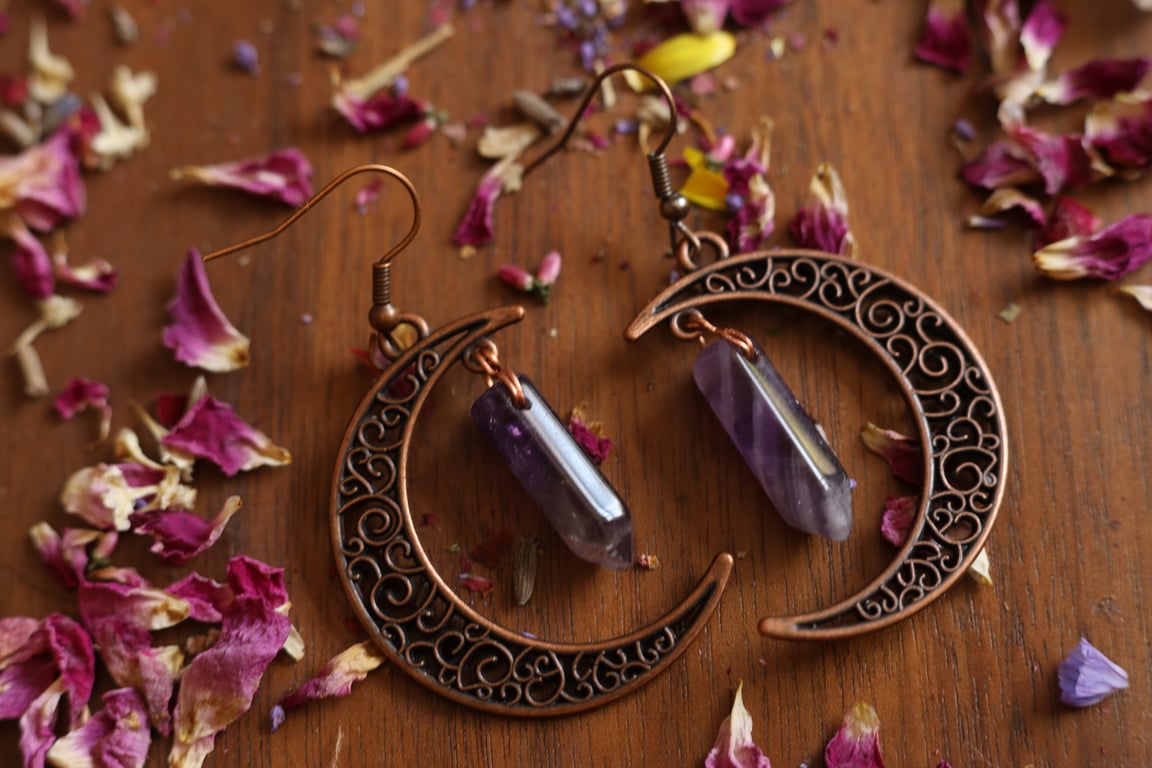  Antique Copper Finish Moon Earrings with Amethyst