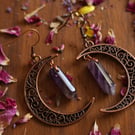  Antique Copper Finish Moon Earrings with Amethyst
